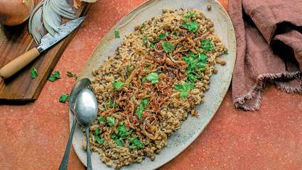 Riz et lentilles  aux oignons caramélisés