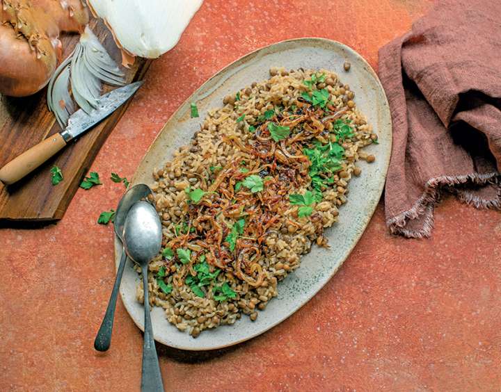 Riz et lentilles  aux oignons caramélisés