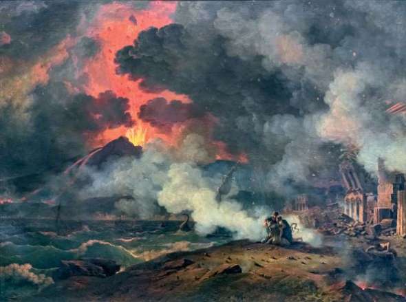 Eruption du Vésuve du 24 août de l'an 79, peint par Pierre-Henri de la Valenciennes. La mort de Pline l'Ancien est figurée par les personnages, dans la partie basse du tableau.